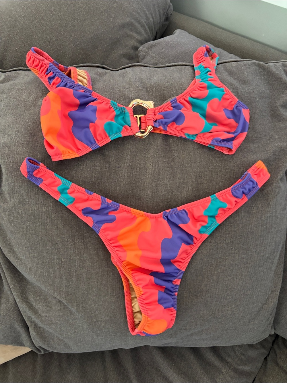 Fashion Nova Multicolor Camo Bikini Set - Coral, Purple, Teal